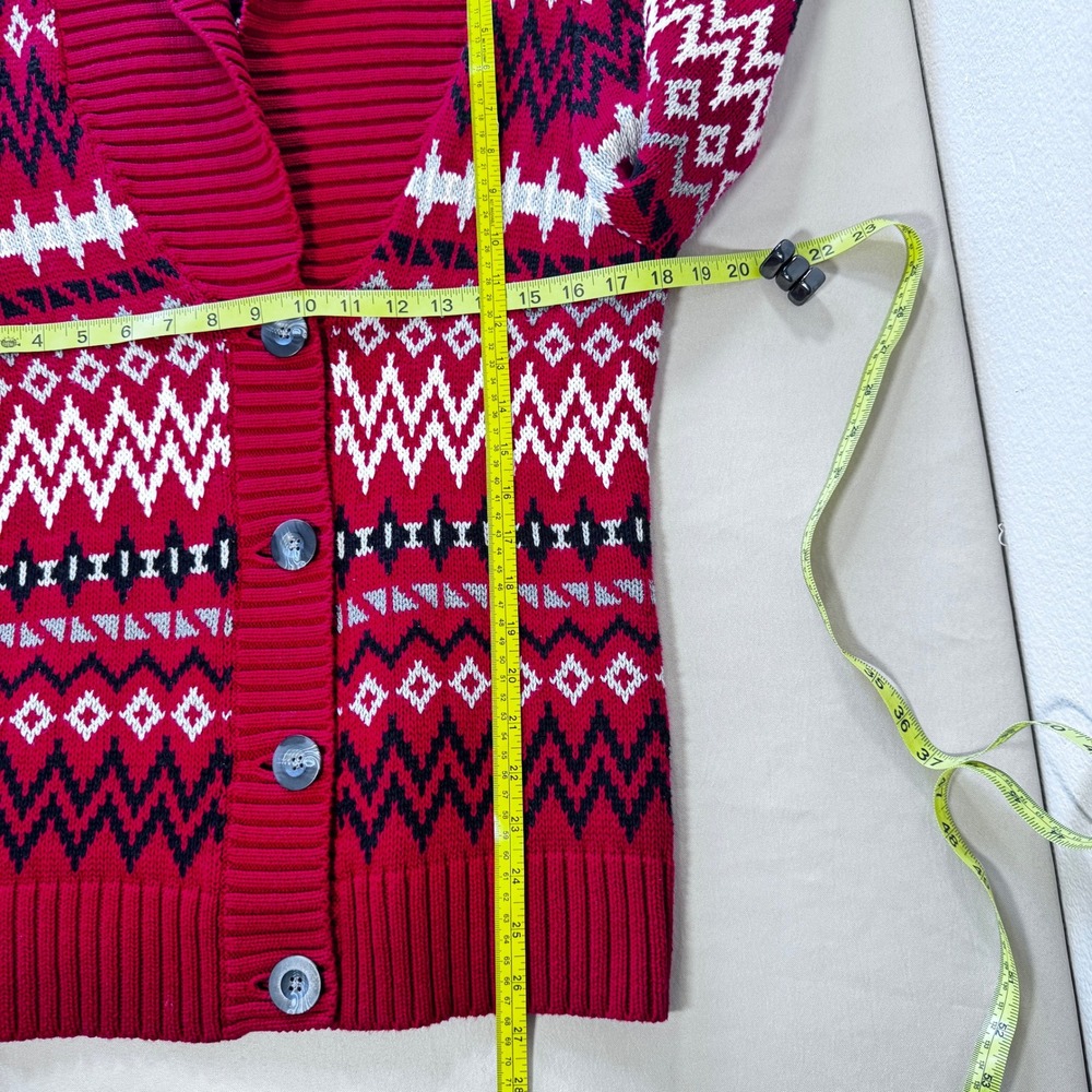 Bass G.H. Bass & Co Women's Red Fair Isle Cotton Shawl Collar Cardigan Sweater M - Picture 3 of 13